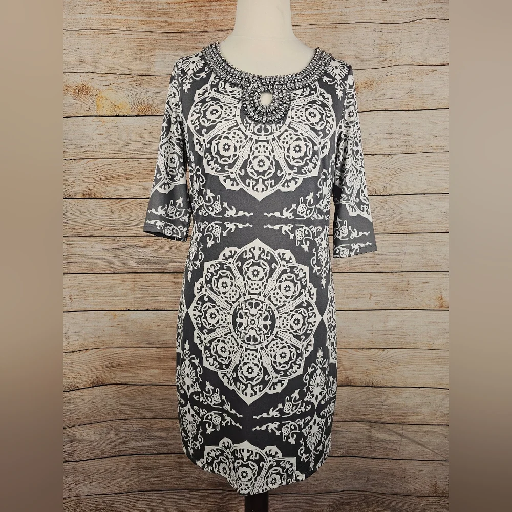 INC International Concepts NWT Rhinestone Collar Gray Paisley Dress Size Large - Picture 1 of 5